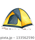 Yellow and blue tent isolated on transparent background, watercolor illustration. Camping, adventure, travel. 133562590
