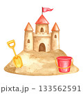 Watercolor sandcastle with a red bucket and yellow shovel, isolated on transparent background, summer vacation, childhood, beach toy. 133562591