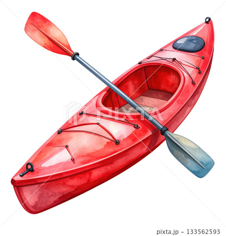 Watercolor style red kayak and paddle isolated on transparent background, summer activity, adventure, recreation. 133562593