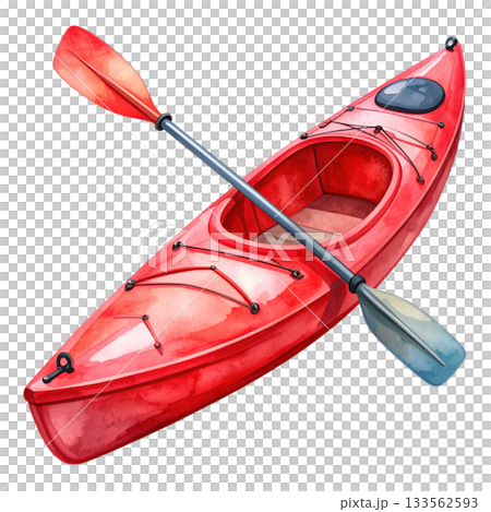 Watercolor style red kayak and paddle isolated on transparent background, summer activity, adventure, recreation. Watercolor style red kayak and paddle isolated on transparent background, summer activity, adventure, recreation. 133562593