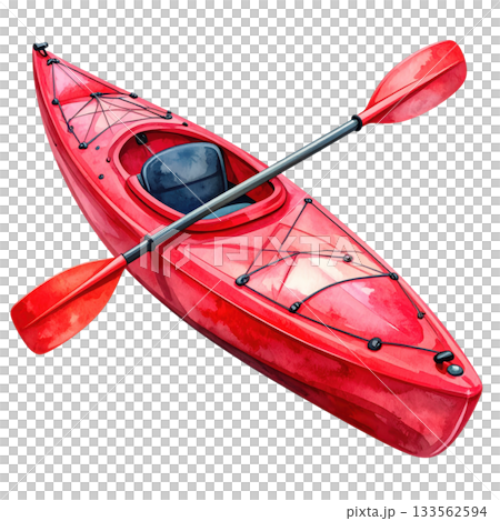 Watercolor illustration of a red kayak with paddle, isolated on transparent background, featuring sport, recreation, and adventure. Watercolor illustration of a red kayak with paddle, isolated on transparent background, featuring sport, recreation, and adventure. 133562594