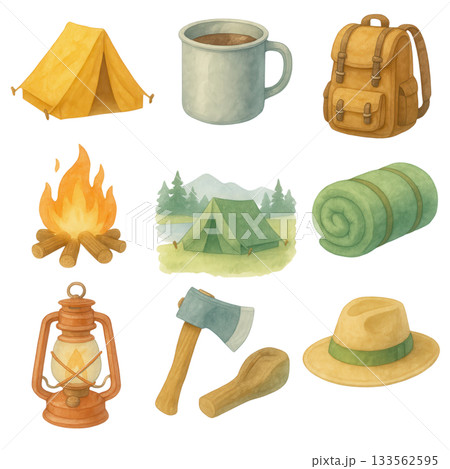 Camping equipment set, tent, fire, backpack, and more, isolated on transparent background, includes adventure, nature, and travel concepts. 133562595