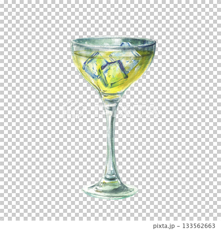 Lemonade or limoncello glass with ice cubes. Drink shot with yellow beverage. Traditional Italian alcoholic liqueur made from lemons. Watercolor hand drawn illustration Isolated from background Lemonade or limoncello glass with ice cubes. Drink shot with yellow beverage. Traditional Italian alcoholic liqueur made from lemons. Watercolor hand drawn illustration Isolated from background 133562663
