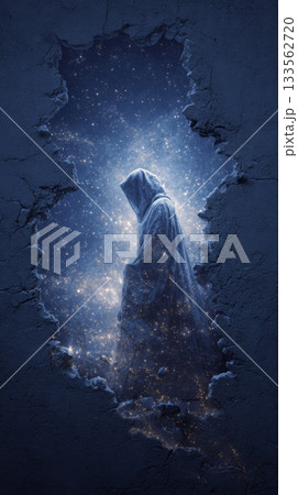 Cosmic monk hooded figure star field night sky mystical cloak celestial light ethereal aura silhouette fantasy art cosmic portal. Hooded figure 133562720