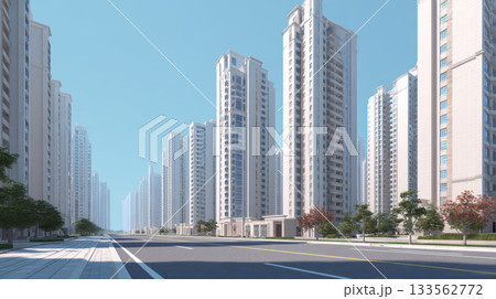 Modern skyline high rise residential tower urban street cityscape blue sky sunny perspective symmetry architecture with calm mood 133562772