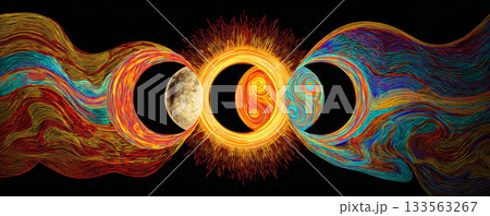 Solar eclipse yin yang moon sun cosmic abstract colorful energy swirl harmony pulse Solar eclipse yin yang moon sun cosmic abstract colorful energy swirl harmony pulse 133563267