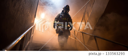 Brave firefighter smoke stairwell night helmet uniform gear emergency urban dramatic scene of rescue under smoky light with determined focus Brave firefighter smoke stairwell night helmet uniform gear emergency urban dramatic scene of rescue under smoky light with determined focus 133563293