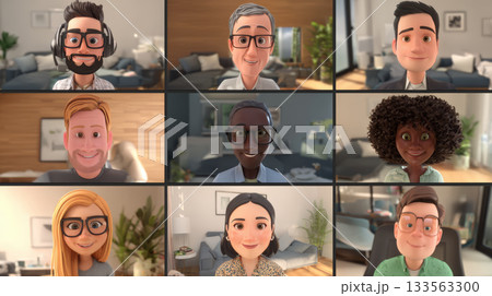 Cartoon avatar grid video call remote meeting diverse team home office smiling faces digital communication webcam view online conference friendly 133563300