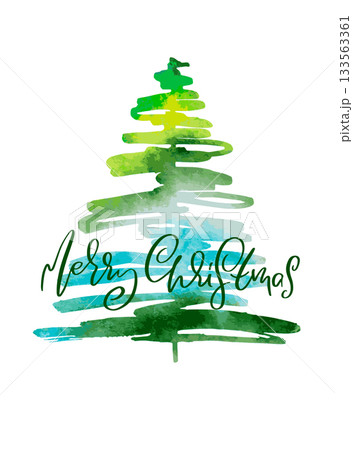 Real Hand Drawn Illustration Grunge Watercolor Spruce. 133563361