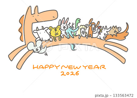 走る干支の馬に乗るかわいい十二支の年賀状　2026 手描き 133563472