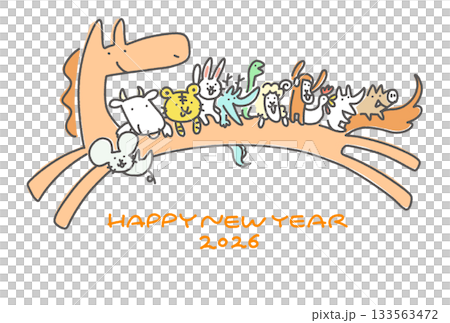 走る干支の馬に乗るかわいい十二支の年賀状　2026 手描き 133563472