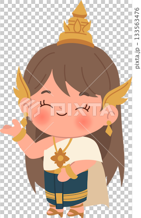 a cute thai chibi girl wearing traditional costume and gold accessories, shown greeting in a cheerful pose 133563476