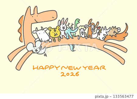 走る干支の馬に乗るかわいい十二支の年賀状　2026 手描き 133563477
