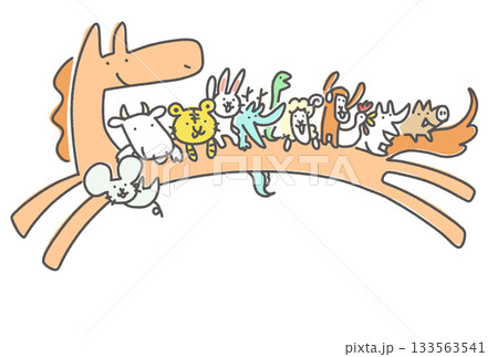 走る干支の馬に乗るかわいい十二支　2026 手描き 133563541