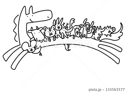 走る干支の馬に乗るかわいい十二支　2026 手描き　モノクロ 133563577