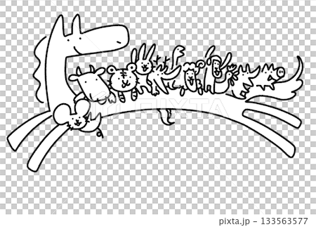 走る干支の馬に乗るかわいい十二支　2026 手描き　モノクロ 133563577