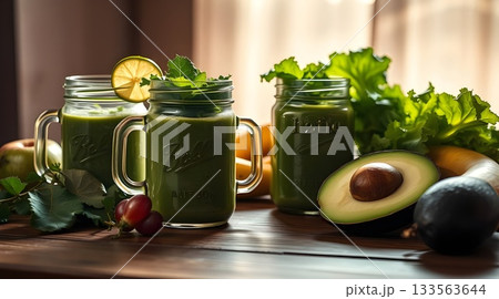 Fresh green olives, olive oil, and mint lemonade beverage in a glass. 133563644