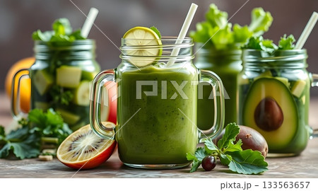 Fresh green olives, olive oil, and mint lemonade beverage in a glass. 133563657
