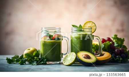 Fresh green olives, olive oil, and mint lemonade beverage in a glass. 133563665