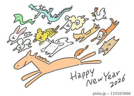 干支の馬と一緒に走るかわいい十二支　2026 手描き　happy new year 133563666