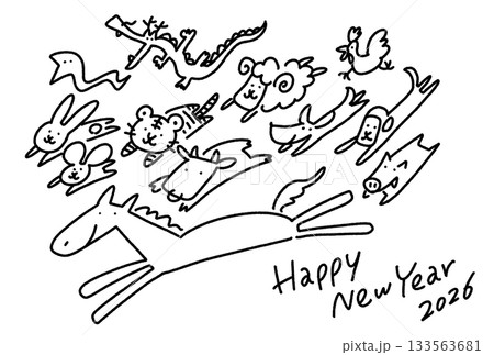 干支の馬と一緒に走るかわいい十二支 2026 手描き happy new year 干支の馬と一緒に走るかわいい十二支 2026 手描き happy new year 133563681