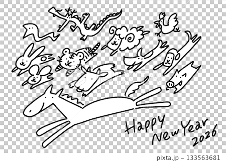 干支の馬と一緒に走るかわいい十二支 2026 手描き happy new year 干支の馬と一緒に走るかわいい十二支 2026 手描き happy new year 133563681