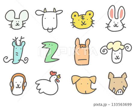 手描きのゆるくてかわいい十二支セット　顔　干支　アイコン 133563699