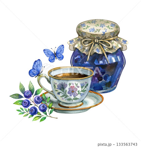Watercolor illustration with a floral tea cup, blueberry jam jar, leaves and gentle butterflies. A sweet and cozy composition ideal for packaging, kitchen art, recipe cards and charming botanical 133563743