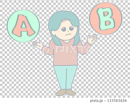 插圖描繪了一位面色蒼白、神情憂慮的女士正在比較A、B兩個選項。 133563826