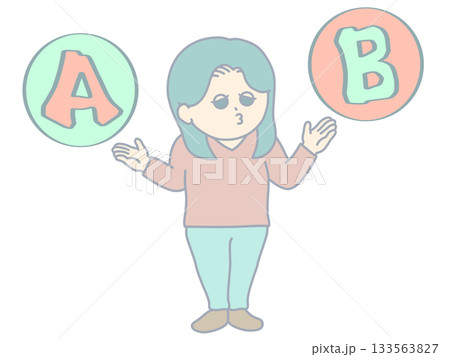 A案とB案の2択を比較する女性のイラスト　おどけた顔　淡い色 133563827