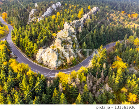 Virive Rocks, Czech: Virive kameny, near Jested Mountain in Liberec, Czech Republic. Aerial view from drone. 133563936