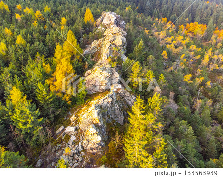 Virive Rocks, Czech: Virive kameny, near Jested Mountain in Liberec, Czech Republic. Aerial view from drone. Virive Rocks, Czech: Virive kameny, near Jested Mountain in Liberec, Czech Republic. Aerial view from drone. 133563939