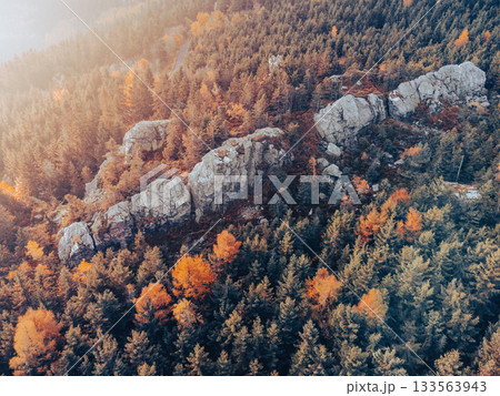 Virive Rocks, Czech: Virive kameny, near Jested Mountain in Liberec, Czech Republic. Aerial view from drone. 133563943