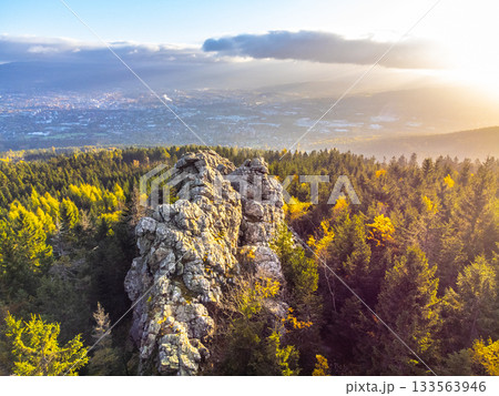 Virive Rocks, Czech: Virive kameny, near Jested Mountain in Liberec, Czech Republic. Aerial view from drone. 133563946