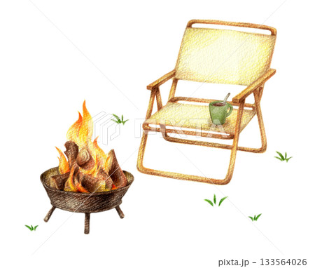 焚き火台の前のアウトドアチェア　手描き色鉛筆画 133564026