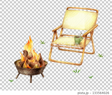 焚き火台の前のアウトドアチェア　手描き色鉛筆画 133564026