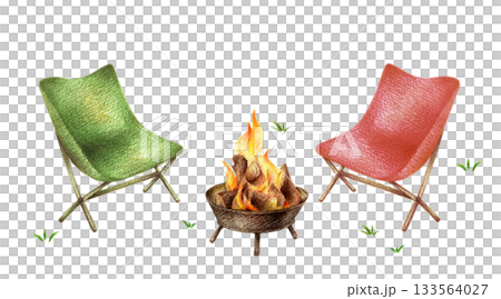 Two outdoor chairs surrounding a campfire - hand-drawn colored pencil drawing 133564027