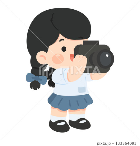 Cartoon Girl Taking Photo with Camera 133564093