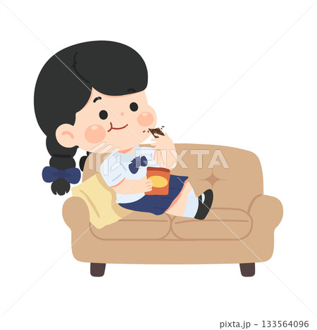 Cartoon Girl Eating Snacks on Sofa Cartoon Girl Eating Snacks on Sofa 133564096