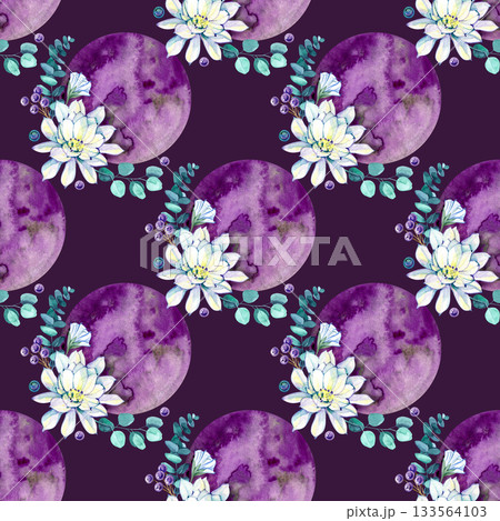 Watercolor seamless pattern with purple moons, white lotus flowers, eucalyptus leaves, and berries. Dreamy celestial floral design perfect for fabric, wrapping paper, stationery, and boho projects. Watercolor seamless pattern with purple moons, white lotus flowers, eucalyptus leaves, and berries. Dreamy celestial floral design perfect for fabric, wrapping paper, stationery, and boho projects. 133564103