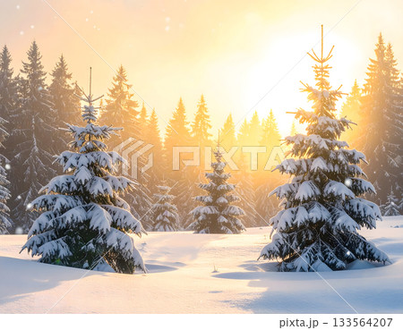 Magical Winter Landscape with Snow Covered Trees at Sunset 133564207