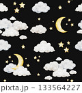Crescent moon, clouds and stars. Cute seamless pattern. Watercolor Isolated weather baby illustration. Children's celestial dark background for kids goods,linen, pajamas and children's room. 133564227