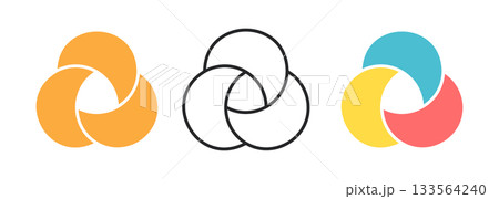 Circle Venn diagram with three part set. Intersecting circles. Infographic chart icon. 3 overlap balance elements diagram. Business process chart. Vector illustration isolated on white background 133564240
