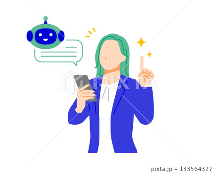 スーツのビジネスウーマンがスマホの人工知能を使って解決するイラスト。フラットデザイン 133564327