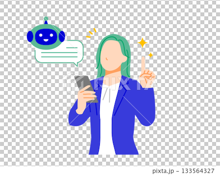 スーツのビジネスウーマンがスマホの人工知能を使って解決するイラスト。フラットデザイン 133564327