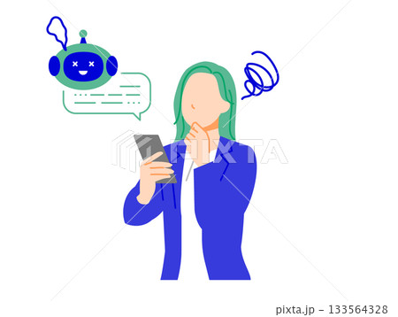 スーツのビジネスウーマンがスマホの人工知能の不具合で困った表情のイラスト。フラットデザイン スーツのビジネスウーマンがスマホの人工知能の不具合で困った表情のイラスト。フラットデザイン 133564328