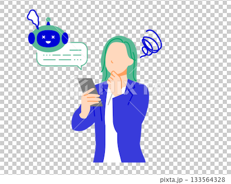 スーツのビジネスウーマンがスマホの人工知能の不具合で困った表情のイラスト。フラットデザイン スーツのビジネスウーマンがスマホの人工知能の不具合で困った表情のイラスト。フラットデザイン 133564328