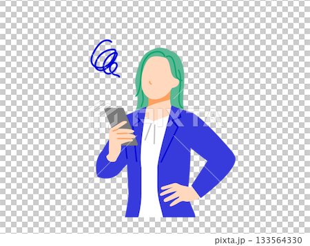 An illustration of a businesswoman in a suit using a smartphone and having trouble with her face. Flat design An illustration of a businesswoman in a suit using a smartphone and having trouble with her face. Flat design 133564330