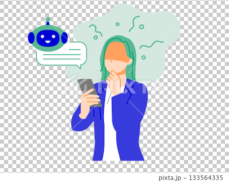 一位身著職業套裝的女商人正在使用智慧型手機與人工智慧聊天並依賴它。扁平化設計 133564335