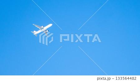 青空と目的地に向かう飛行機のシンプルな風景 133564482